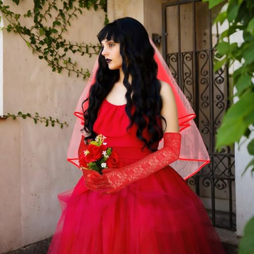 Red Veil and Gloves Set Beetlejuice Gothic Bride Costume Accessories, Halloween Wedding Veil, Victorian Masquerade3