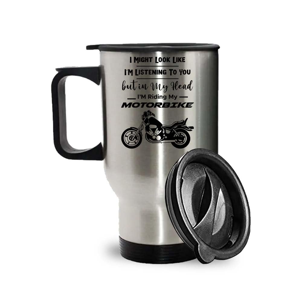 Crunchy Carrots Motorbike Mug - In My Head I'm Riding My Motorbike 14 oz Stainless Steel Insulated Travel Mug (Silver)