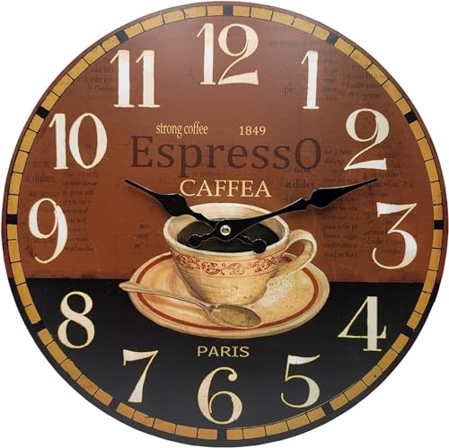 13 Inch Round Espresso Coffee Themed Frameless MDF Wall Clock for Kitchen, Cafe, Living Room, Office, Den | Ideal for Gifting on Father's Day, Birthdays & Mores