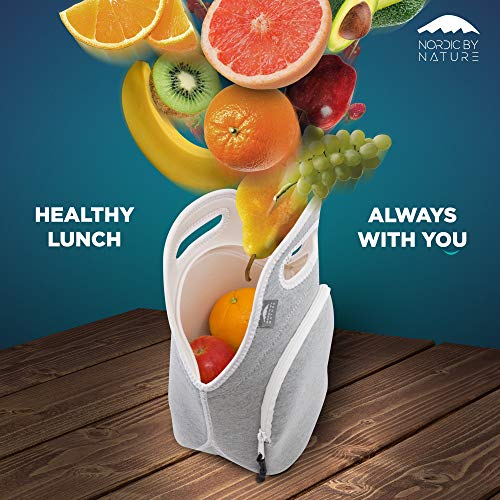 Nordic By Nature Neoprene Lunch Bag For Women & Lunch Tote For Kids Insulated Lunch Bag Reusable Washable Extra Thick Neoprene & Soft Cotton Feel, Premium Stitching, Outside Pocket, (M) Light Gray #TOP1