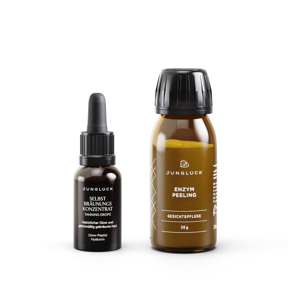 JUNGLÜCK Natürliche Bräune Kombi | Enzym Peeling + Selbstbräunungskonzentrat – mit DHA, Erythrulose, 10% Vitamin C & Hyaluron