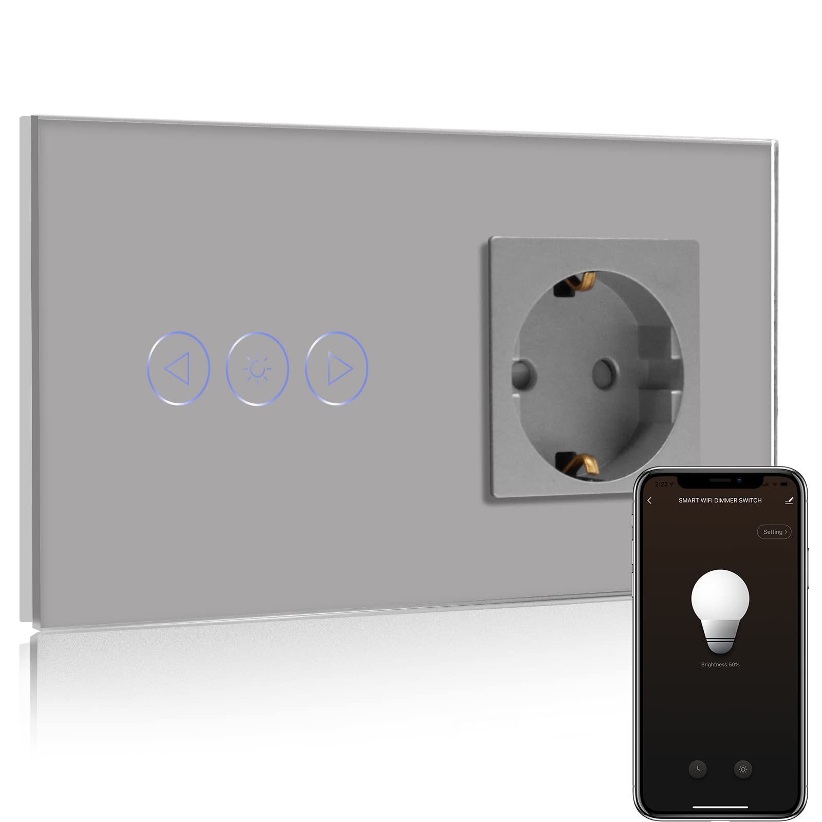 BSEED BSEED Normal Steckdose mit Smart Alexa Dimmer Lichtschalter,Kompatibel mit Alexa,Google Home, Glas Touchscreen-schalter,Lichtschalter 1 Fach 1 Weg 16A Steckdose Grau(Neutrale Leitung benötigt)