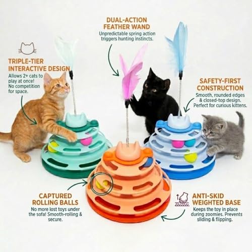 Tower of Tracks Cat Toy - 3-Level Roller with Spring Feather Wand - Image 4