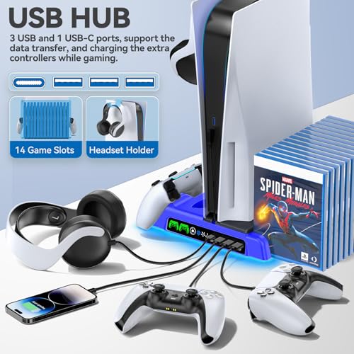 Image of PS5 /Slim /Pro Stand and Cooling Station with LED Controller Charging Station for PlayStation 5 Console, Controller Charger, Cooling Stand, PS5 /Slim /Pro Skin Accessories Kit with 3 Level Cooler Fan
