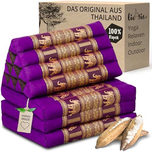 livasia Thaikissen 3 Auflagen Thaiseide - 175x55x8cm - Dreieckskissen mit Klappmatratze, Rückenkissen faltbar, Thaimatte zum Klappen, Kapok...
