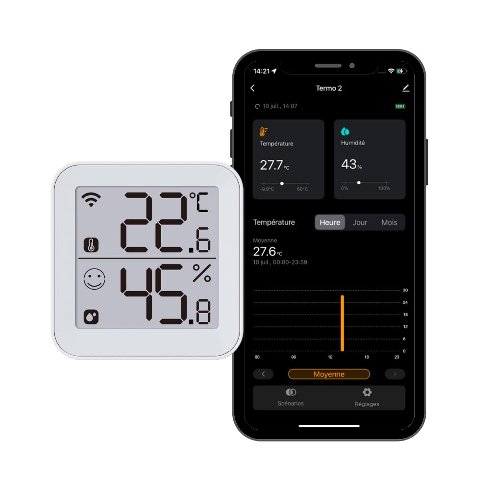 Konyks Termo 2, Thermomètre Hygromètre connecté Wi-Fi, Grand écran, Lecture à distance, déclenche d'autres appareils Konyks en fonction des mesures, Compatible Alexa et Google Home