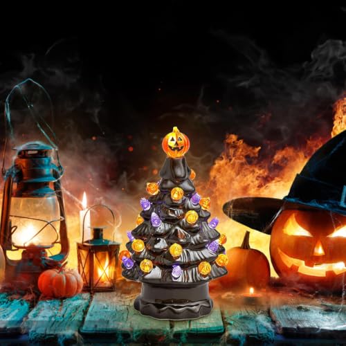 Árbol negro de Halloween de cerámica con luces y decoración de calabaza para mesa 3