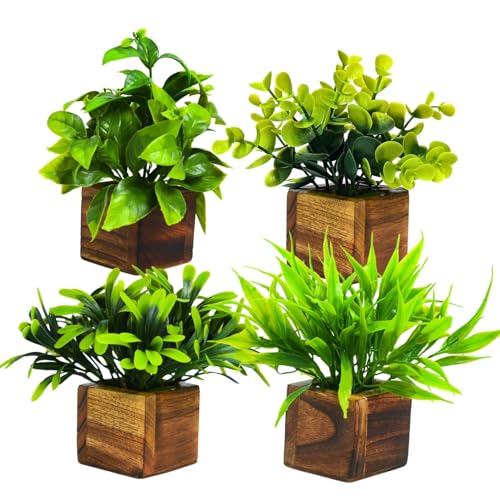 DecoreBugs Plastic Potted Artificial Plant In Wooden Pot (4 Pack)...