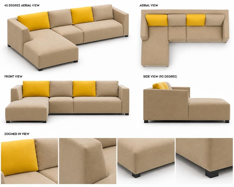 Image of FURNY Olympus 6 Seater LHS L Shape Sofa Set | Plush Velvet Suede Fabric | Modern Design | Soft Comfort Dual Color Cushions for Living Room, Office & Hotels (Beige-Yellow)