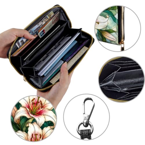 Image of Women's Wallets Credit Card Holder Money Leather Long Wallet | Long wallet with Wristlet,Large Capacity with Zip-Around Phone Purse for Women Ladies Girls,Art Lily Flower