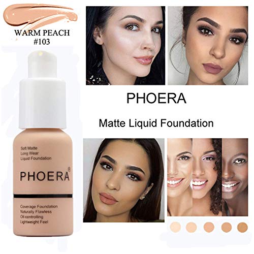 Foundation Makeup, PHOERA New 30ml Matte Oil Control Concealer Foundation Cream, Long Lasting Waterproof Matte Liquid Foundation (103 Warm peach)