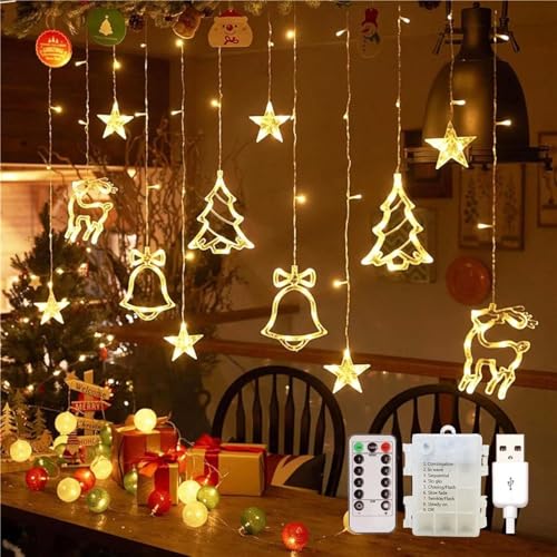 FemKey Cortina de Luces Navidad 3.5M 120 LED Luces Cadena de Ventana 8 Modes Interior Exterior, Guirnaldas Luminosas Estrellas a Pilas/USB IP44, Decoración de Navidad Ventana, Fiesta, Balcón