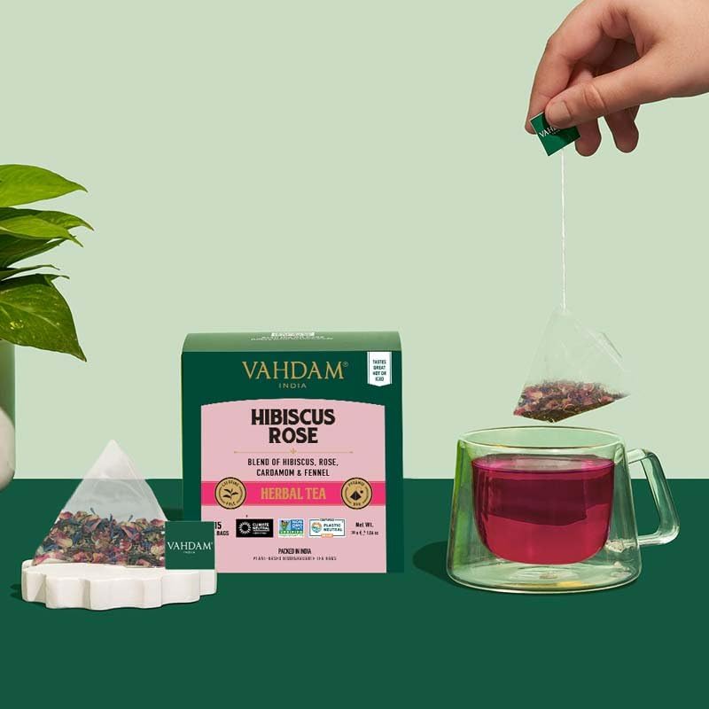 Miniatura 4 de VAHDAM, Bolsas de té de hierbas de flores de hibisco (15 unidades) sin cafeína, sin OMG, sin gluten, té de hibisco  Tisana de sabor floral - Pétalos