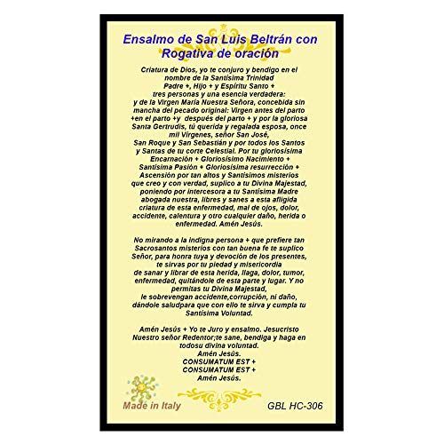 Azabache y Coral Genuino o tarjeta de San Luis Beltran - La parte dorada es oro enchapado y la tarjeta de Ensalmo de San Luis Beltral es en Español solamente (Tarjeta Sola)