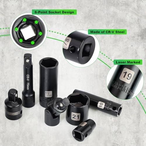 Image of 3 /8 inch Drive Impact Socket Set, 50 Piece Standard SAE (5 /16 to 3 /4 inch) and Metric (8-22mm) 6 Point, Extension Bars, Impact Universal Joint, Adapter, Cr-V Steel