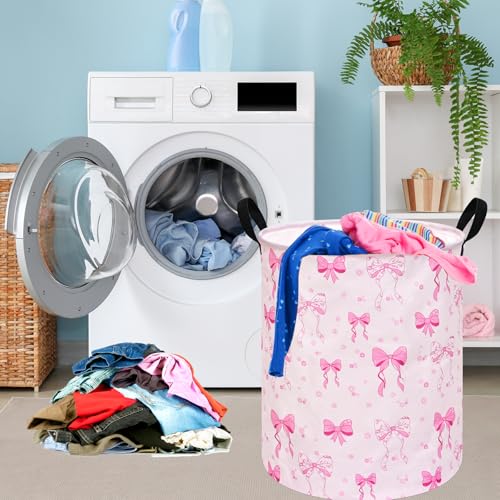 Image of Pink Bowknot Kids Laundry Hamper Clothes Gift Basket Storage Laundry Baskets Organizer Bin with Handles for Nursery Room