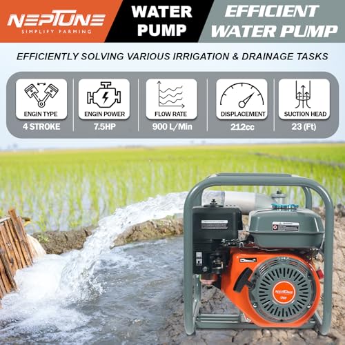 Image of Neptune Simplify Farming NPP-90 High-Flow Water Pump | 7.5 HP 4-Stroke Petrol Engine | 3-Inch Outlet | 3600 RPM Speed | 1000 L /min Max Flow | Built for Agriculture, Irrigation, Draining & Garden Use