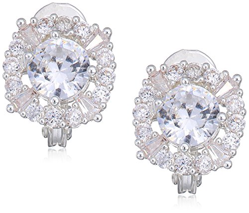 Classics Sivler Tone Pave Cz Button Clip On Earrings