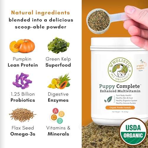 Wholistic Pet Organics Puppy Essentials - 1 Lb - Organic Pumpkin Powder Dog Supplement for Skin & Coat Health, Itching Relief, Omega 3 & Probiotics - Vitamins for Immune Support, Dog Food Additive