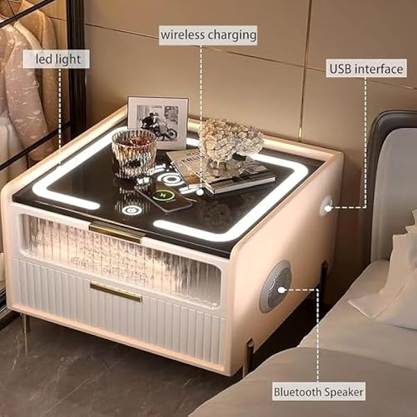 Modern nachtkastje, verstelbare led-lichtbijzettafels, draadloos opladen en USB-nachtkastje, glazen lade, nachtkastje