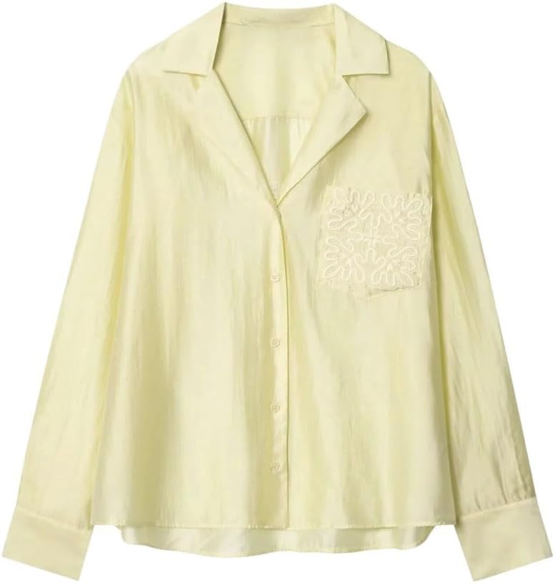 Women's Embroidered Pocket Button Long Sleeve Lapel Shirt