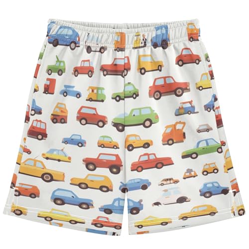 Boys Athletic Shorts with Pockets Cartoon Car Running Basketball Shorts for Youth Elastic Waist Size 7-8