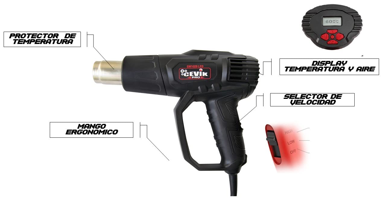CEVIK CE-GW1030M Pistola de Calor 2000W con Pantalla Digital – Decapador Aire Caliente con Control Preciso – Pistola de Aire Caliente para Bricolaje y Uso Profesional