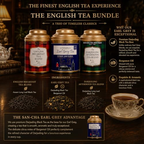 Image of Sancha Tea Boutique English Tea Bundle, 50 Pyramid Tea Bags & 100g Whole Leaf Tea, English Breakfast Tea, Afternoon Tea & Earl Grey Tea, Assorted Tea Pack, Golden Orange Pekoe Tea