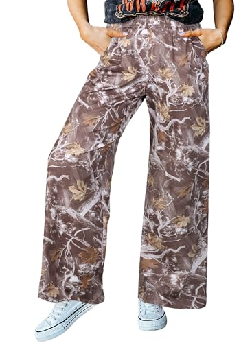 IWOLLENCE Women's Camo Pants High Waist Loose Straight Wide Leg Tree Printed Trousers Camouflage Pattern Sweatpants Tan Branch Maple, M