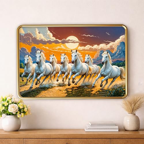 Image of XOPY Seven Running Horses with Golden Frame | Vastu 7 horses Raw Pyrite Painting for Home, Office & Living Room Wall Decore | 12X18 Inch Sparkle Laminated Frame | Best For Gifting (53315, 12X18)