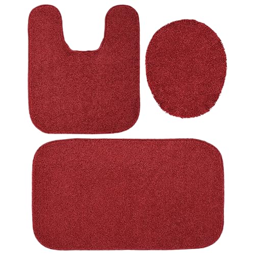 Garland Rug Gramercy Washable Bath Rug – Soft, Plush, Absorbent, Quick-Dry, Durable, 3 Piece Rug Set (Toilet Lid Cover, Contour Rug, 20" X34' Bath Rugs), Classic Red