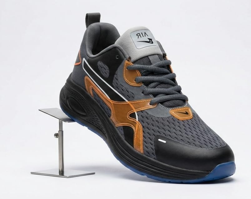 Image of Athletic Running Shoes, Dark Grey with Orange Accents, Cushion Sole, Blue Outsole, Lace-Up Sneakers