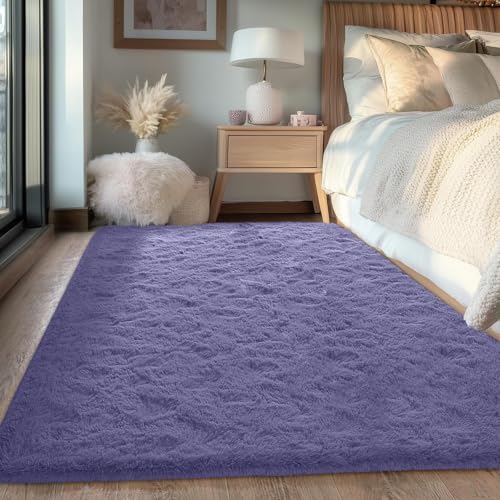 FVVRAX Tapis shaggy moelleux à poils longs, 150 x 240 cm, gris et violet, extra doux, antidérapant, pour salon, chambre à coucher, tapis de sol douillet...