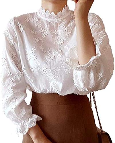 Amazon Porin ブラウス レディース トップス 長袖 白 フリル レース 大きいサイズ おしゃれ 大人かわいい コットン 七分袖 バルーン袖 春 入園式 入学式 演奏会 発表会 結婚式 森ガール 花柄 フェミニン エレガント 上品 クラシック シャツ ブラウス 通販