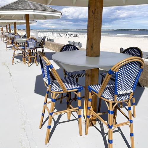 Image of PURPLE LEAF French Counter Height Bar Stool Set of 2 25 inch Bamboo Print Finish Patio Bar Chairs with Back Rattan Bar Chairs French Bistro Set for Kitchen Outdoor Counter Stool Royal Blue
