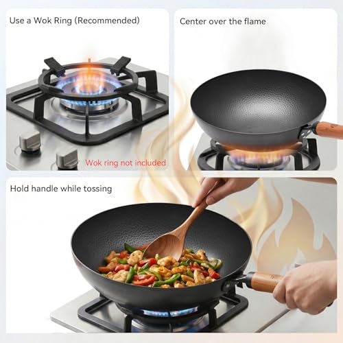 Image of WANGYUANJI 11 Inch Round Bottom Iron Wok, Hand-Hammered Uncoated Wok with Wooden Handle, Traditional Stir-Fry Pan for Gas Stove or Wok Ring, Not for Flat Cooktops