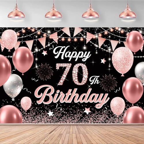 Image of 70th Birthday Decorations for Women - Happy 70th Birthday Banner Decorations Cheers to 70 Years Birthday Party Indoor and Outdoor Decoration Suppiles Pink Backdrop for 70th Birthday Party Favors Decor