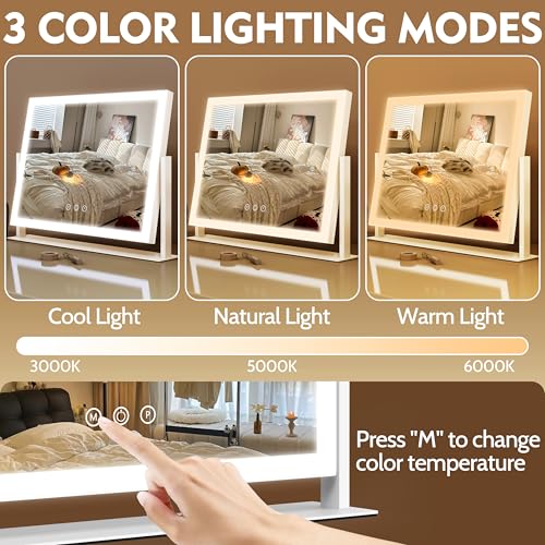 Image of ROLOVE Lighted Makeup Mirror 16.3 inchx12.6 inch, Hollywood Vanity Mirror with 10X Magnifier, 3 Color LED Lighting Modes, Smart Touch Control & 360 Rotation, Tabletop Makeup Mirror (White, Gift Ready)