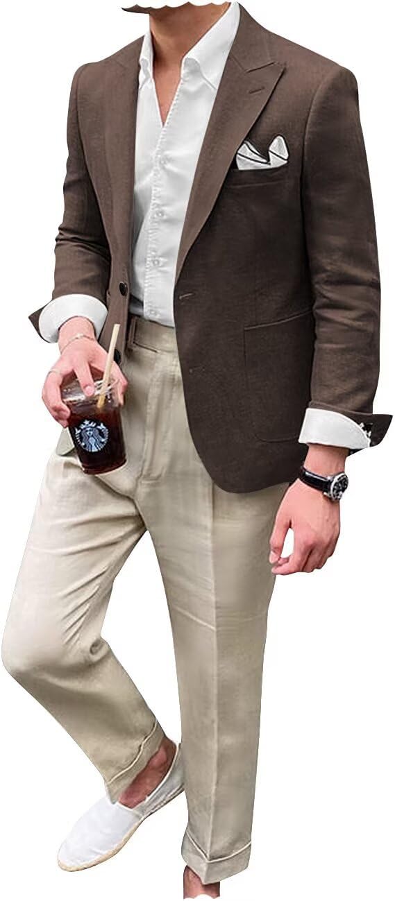 Mens Linen Suit Jacket for Men Slim Fit Casual Blazer Men Beach Wedding Jacket Formal Business