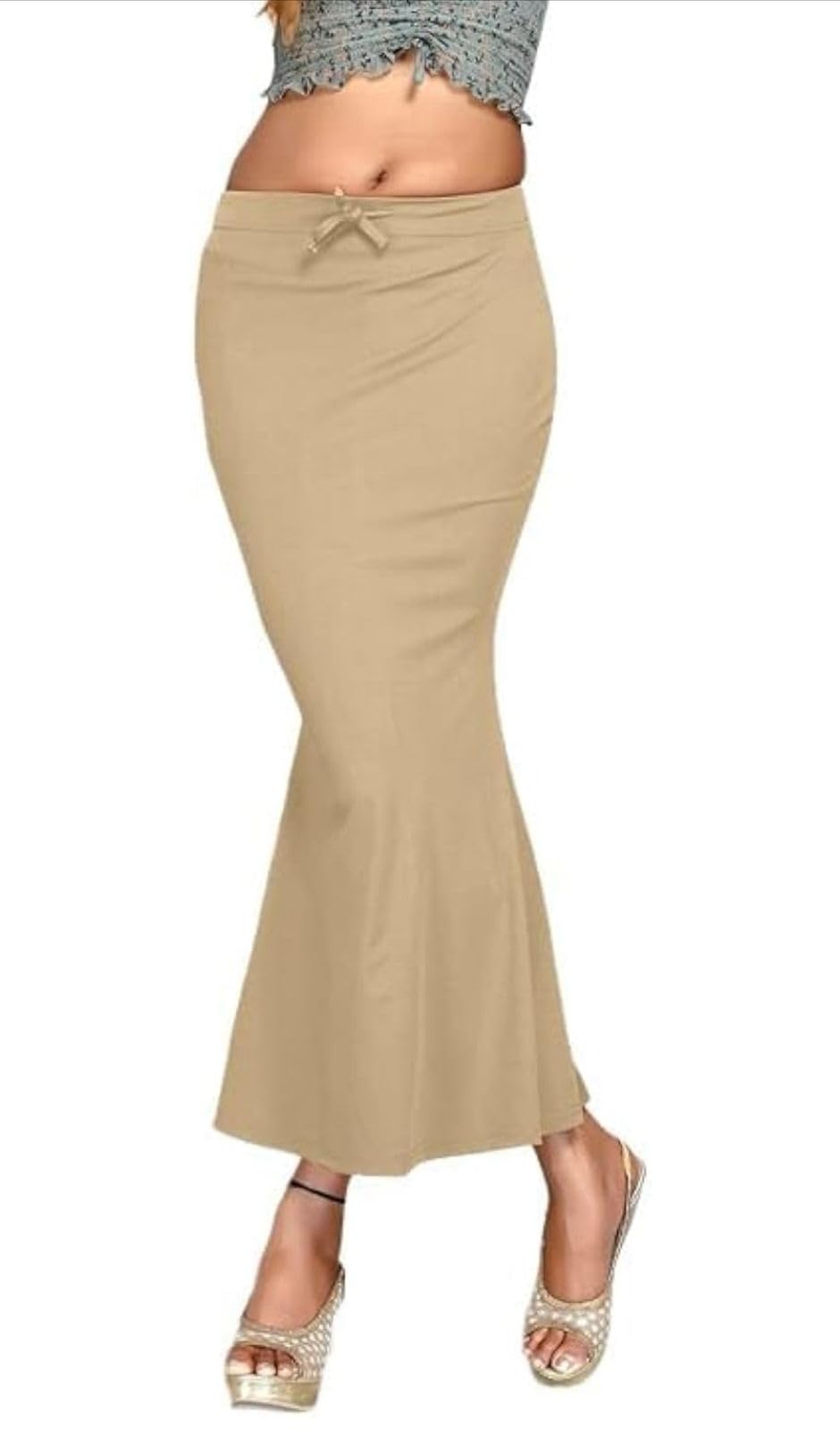 Thulzi Cotton Lycra Saree Shapewear Petticoat for Women | Stretchable Saree Shaper Underskirt with Drawstring & Elastic Waist – Beige-picture-12