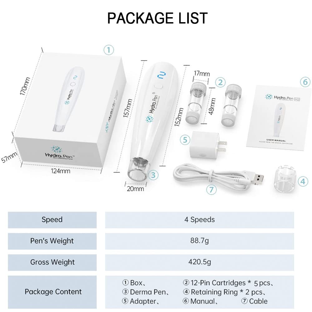 Pluma de Microagujas Eléctrica Hydra Pen H2 Dermapen Cuidado de la Piel Automático Aplicador de Suero Herramienta Antienvejecimiento con 5 Cartuchos de Agujas