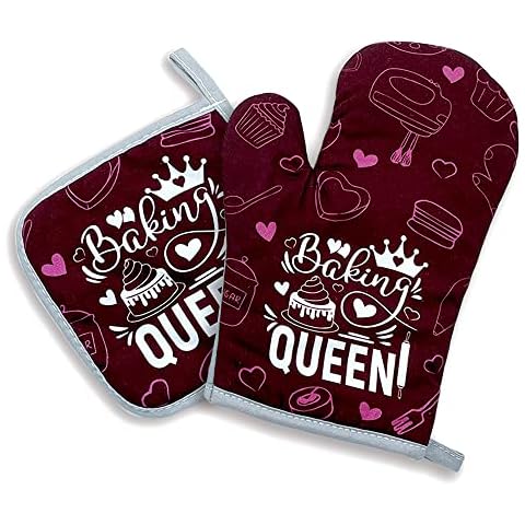 Baking Queen，Oven Mitts and Pot Holders Sets of 2，Queen of The Kitchen,Kitchen Gift for Women，Friend Birthday Gift，Birthday Gifts for Bakers Mom, Wife, Girlfriend, Grandma Cover