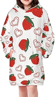 Cute Strawberry And Heart Pattern Kids Oversized Wearable Blanket Hoodie Fleece Hooded Sweatshirt With Pocket