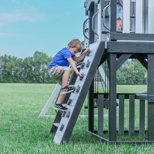 Backyard Discovery Whispering Point Light Gray Cedar Wood Swing Set with Wave Slide, Clubhouse, Crows Nest, Play Kitchen, Belt Swings, Web Swing, Rock Wall, Playhouse, Ladder, Windows, Outdoor Playset - image 9