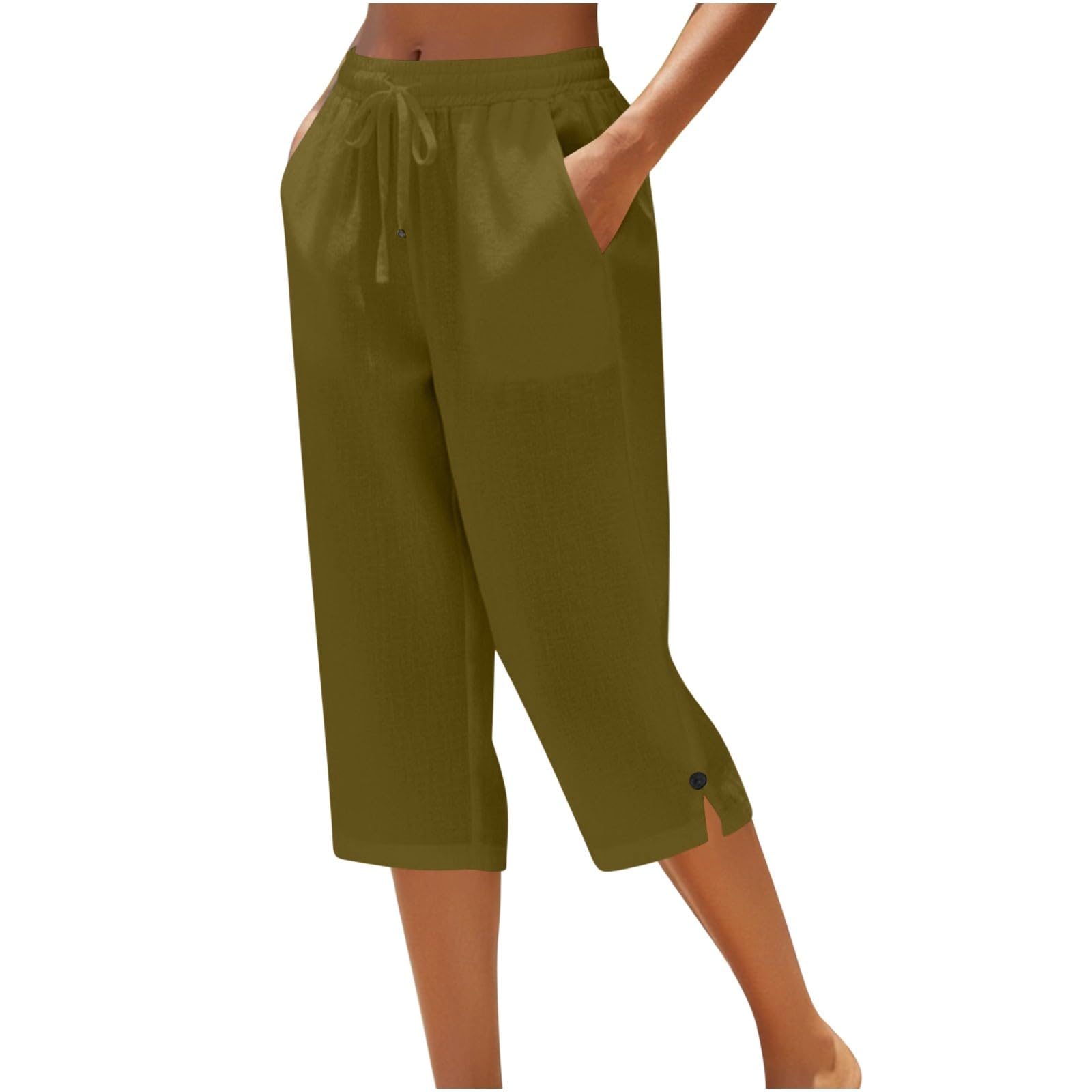 LRMQS Cotton Capri Pants for Women Loose Fit Straight Leg Drawstring Elastic Waist Cropped Pant Casual Summer Linen Clothes — view 15