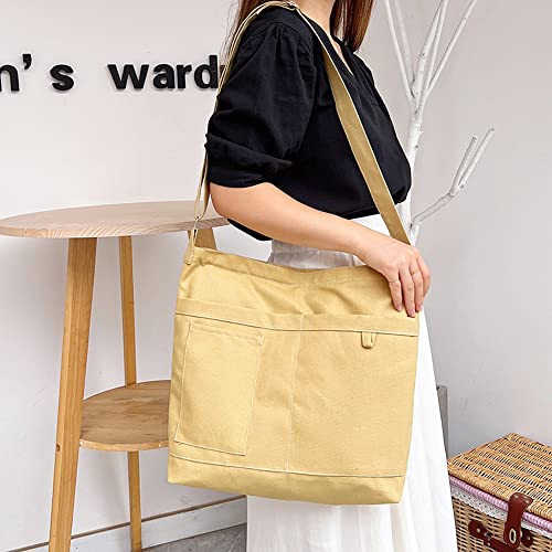 Image of Cotton Tote Handbag Women Canvas Crossbody Beach Bag Hobo Shoulder Tote Bag with 3 External Pocket,Zipper Closure