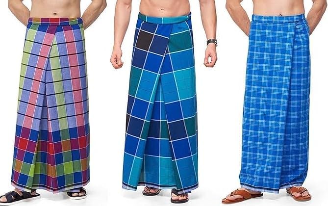 Dhoti/Sarong Coverups/Wrap For Men | 100% Cotton Indian Traditional Lungi Checked Design Dress | Long Sarong Cover Ups For The Beach | 3 Handloom Piece Combo Pack Comfortable (Color May Vary)2