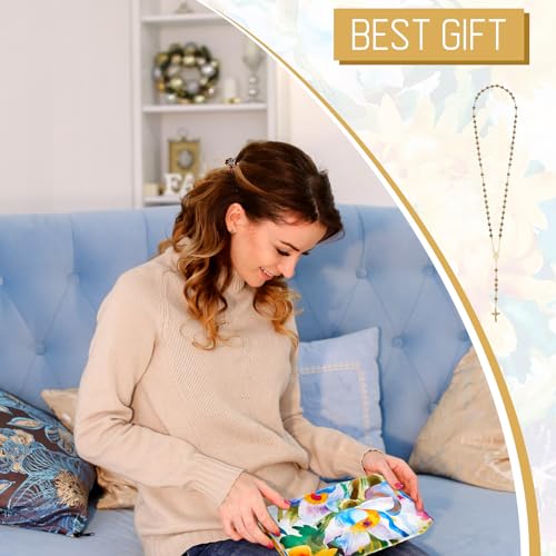 Jecery 2 Pcs Virgin Mary Long Scarf and Virgin Mary Bead Cross Necklace Virgen De Guadalup Blanket Scarf Shawls for Women (White)4