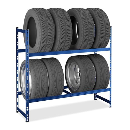 Relaxdays Reifenregal für 8 Reifen, HxBxT: 100 x 110 x 35 cm, 150 kg, verzinkter Stahl, Stecksystem, Räderregal, blau