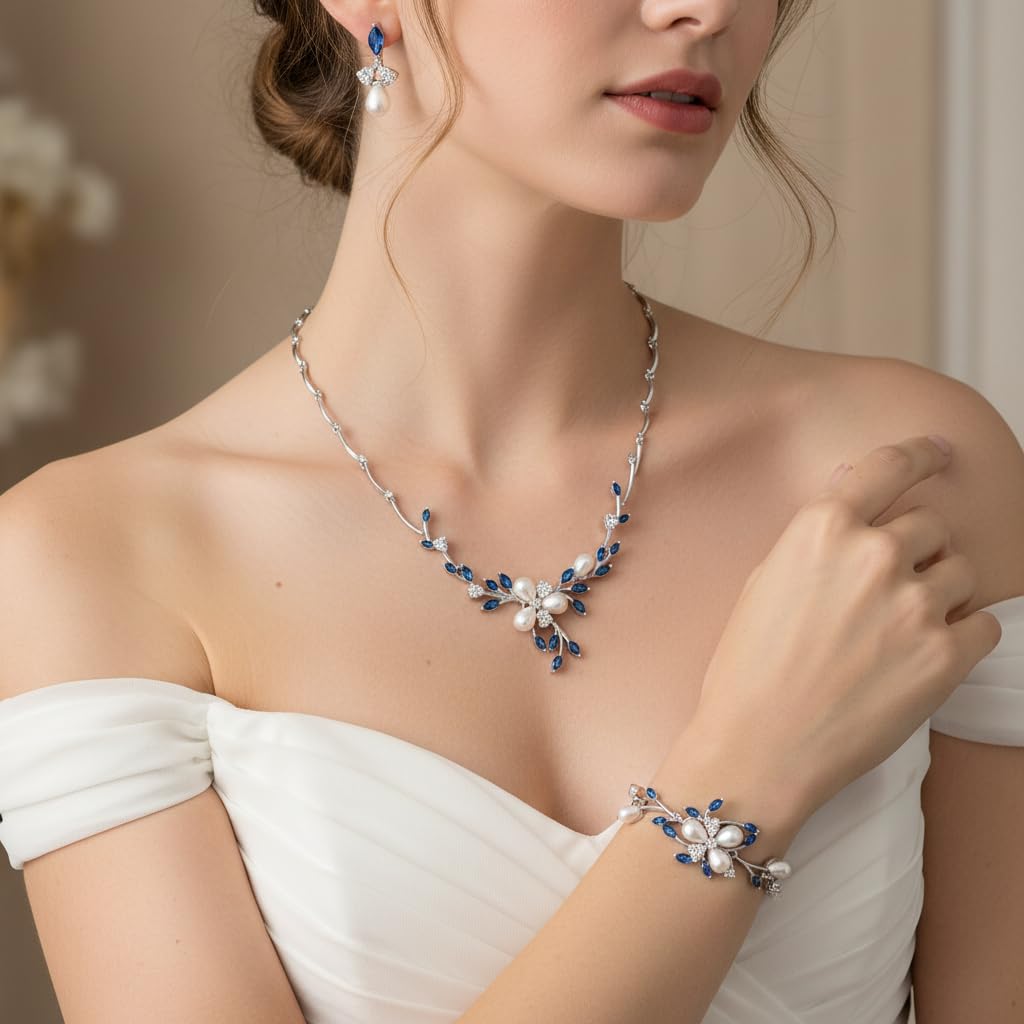 EVER FAITH Juegos de Joyas para Mujer Zirconia Cúbica Perla Simulada Collares Pendientes Pulsera Conjunto